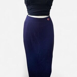 Studio C II Women's Vtg 90s Y2K Navy Blue Wrap Maxi Skirt with Red Button XL